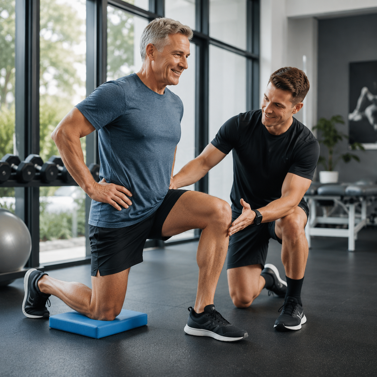 Physiotherapist guiding an older patient through rehabilitation exercises