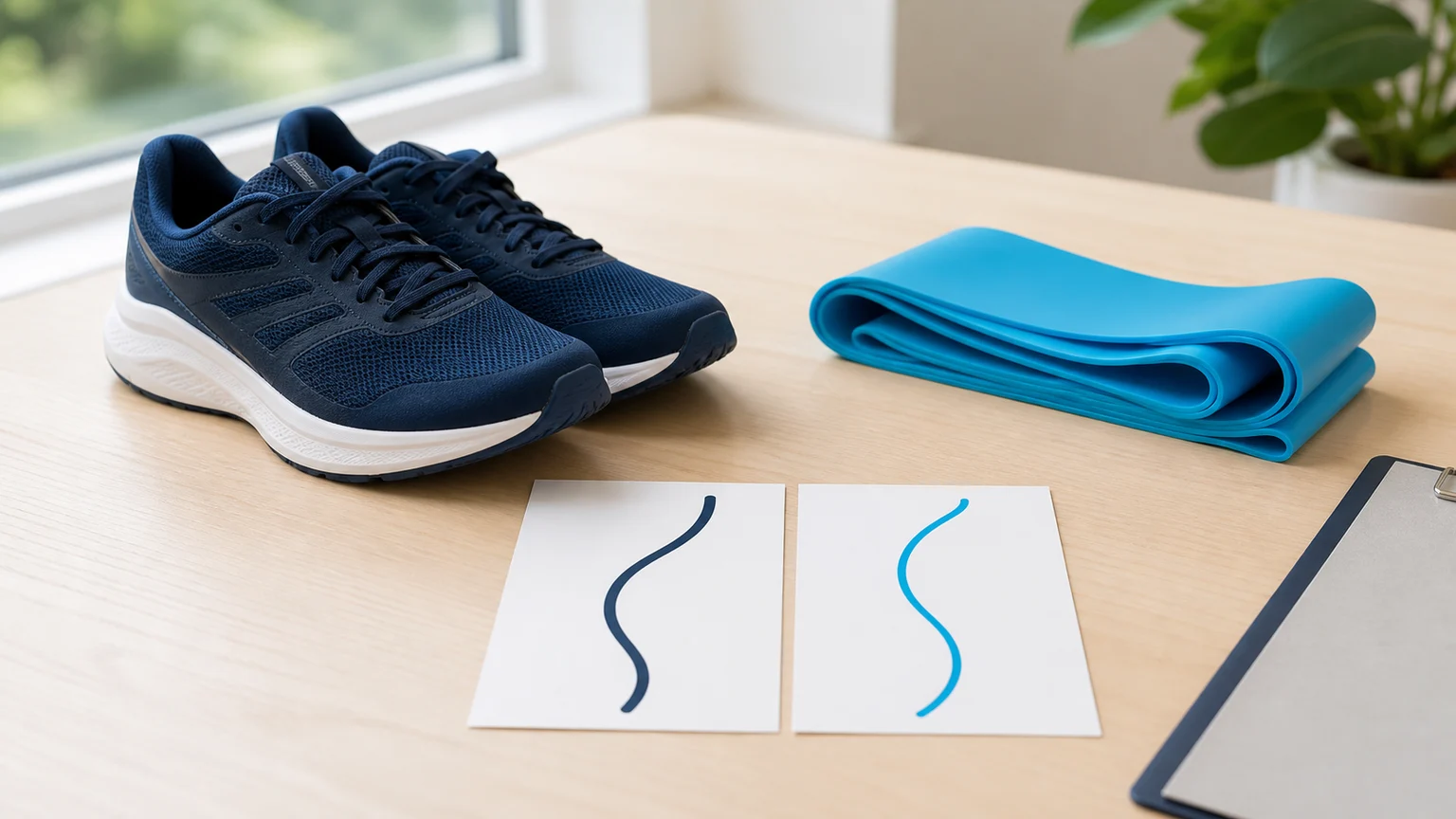 Running shoes, a resistance band, and two route cards representing ACL treatment options