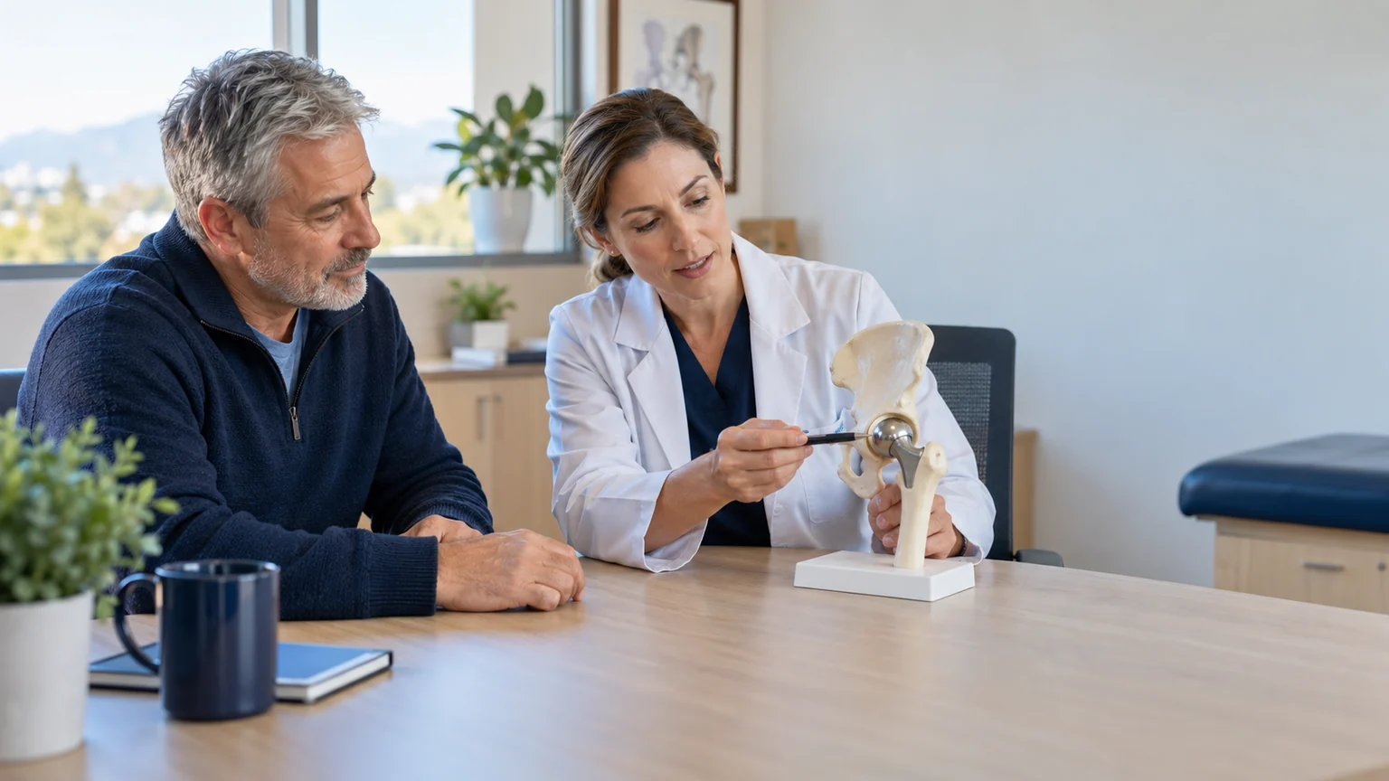 A patient and clinician reviewing a hip model during an orthopedic consultation