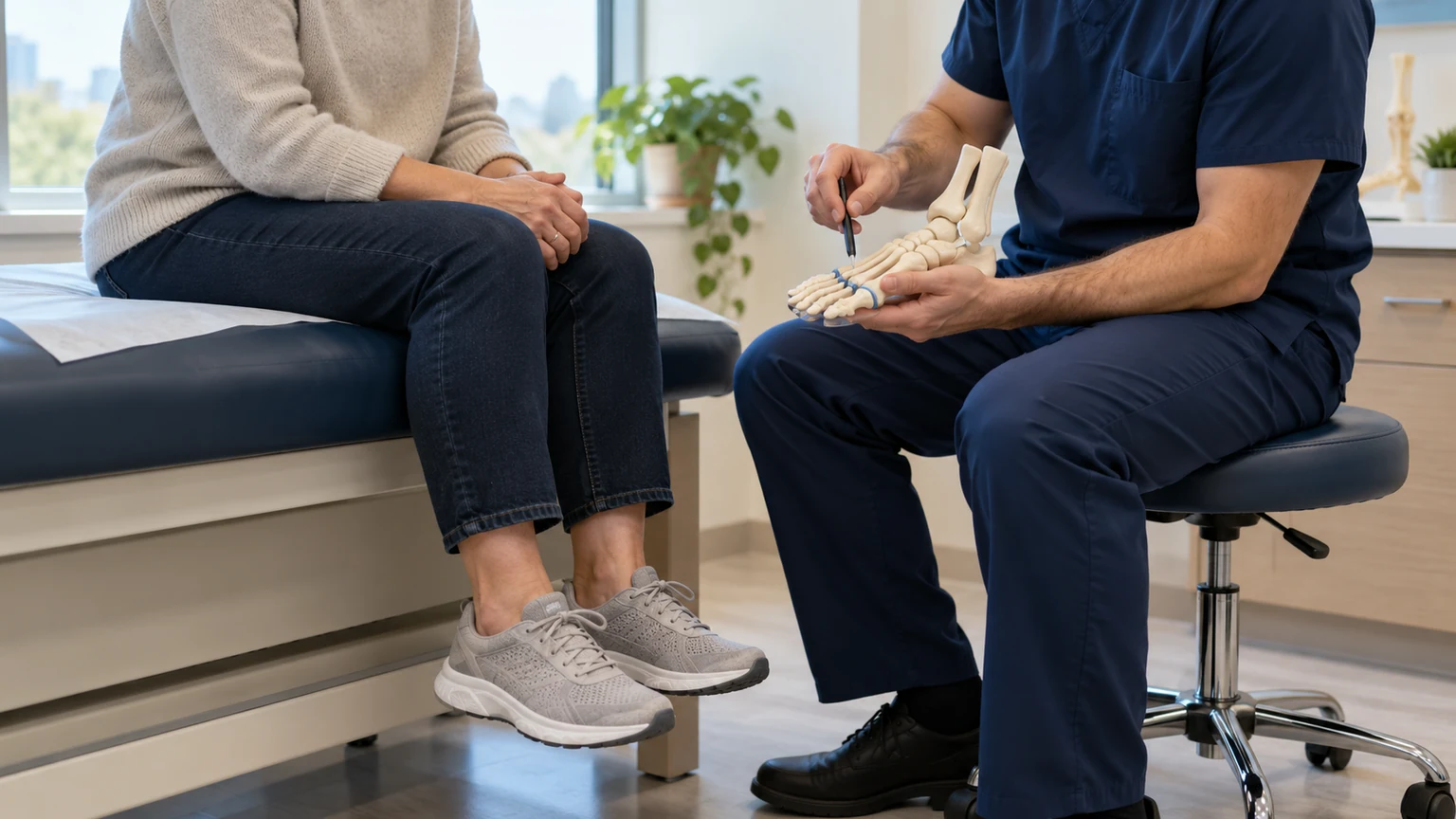 A clinician uses a foot model to discuss big toe arthritis options with a patient