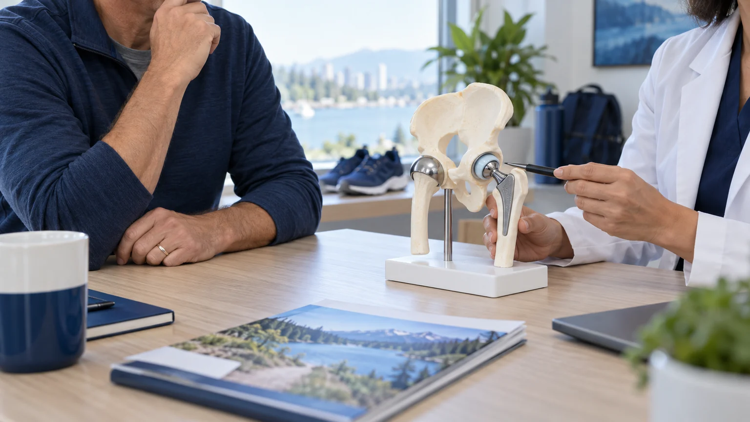 A patient and clinician comparing two hip implant approaches on an educational model