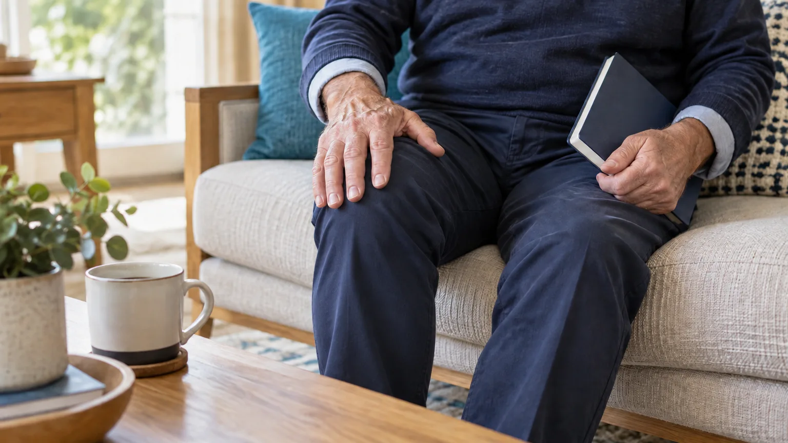An older adult in navy trousers resting a hand on their knee and holding a consultation notebook