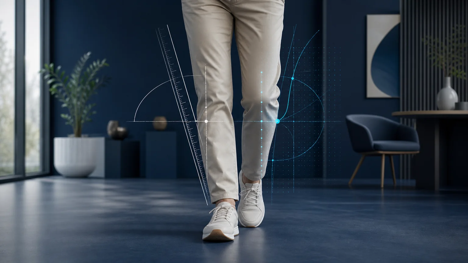 A walking patient with balanced manual and digital knee-planning overlays