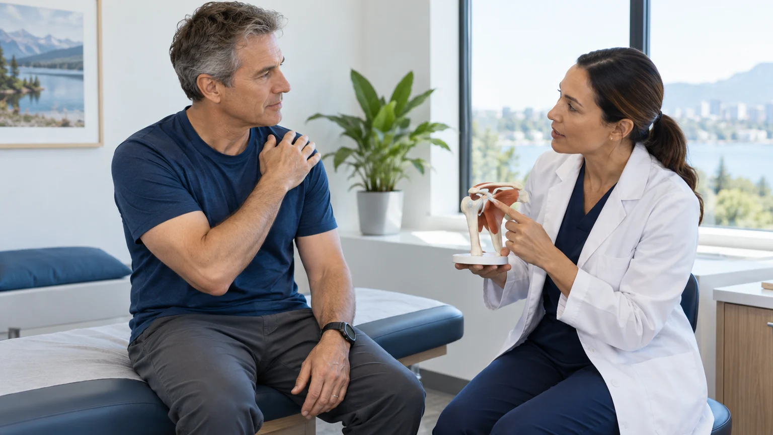 A patient and clinician using a shoulder model to discuss rotator cuff treatment options