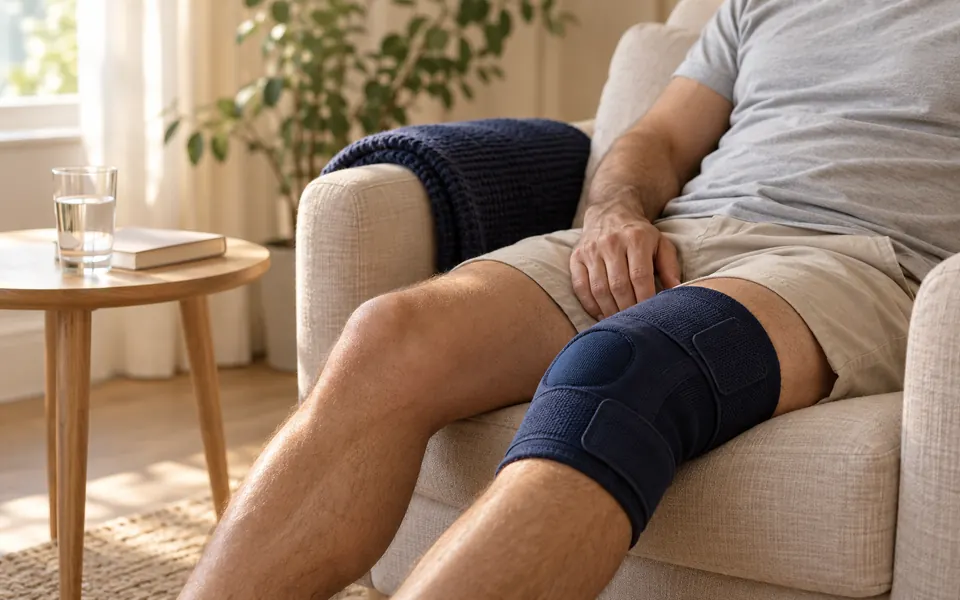 Man resting at home with a knee support