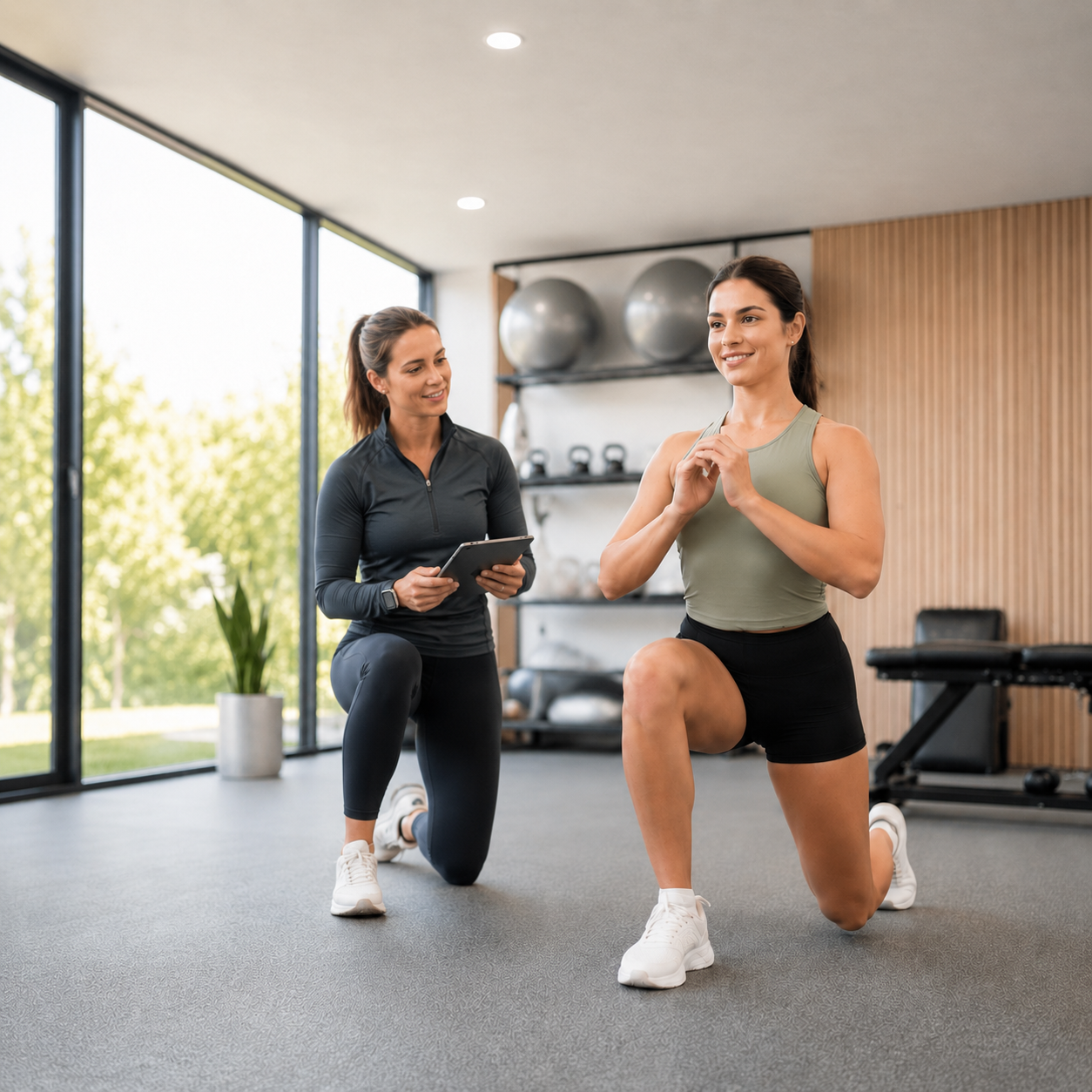 Physiotherapist guiding a patient through a lunge exercise